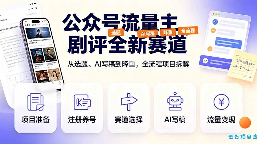 公众号流量主剧评全新赛道,从选题、AI写稿到降重,全流程项目拆解-云创项目库