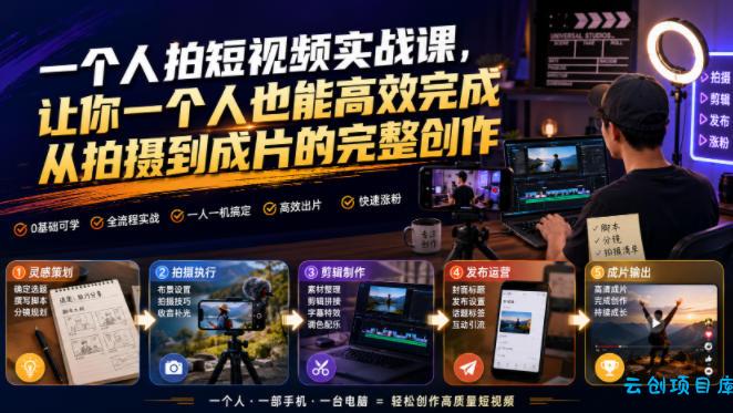 一个人拍短视频实战课，让你一个人也能高效完成从拍摄到成片的完整创作-云创项目库