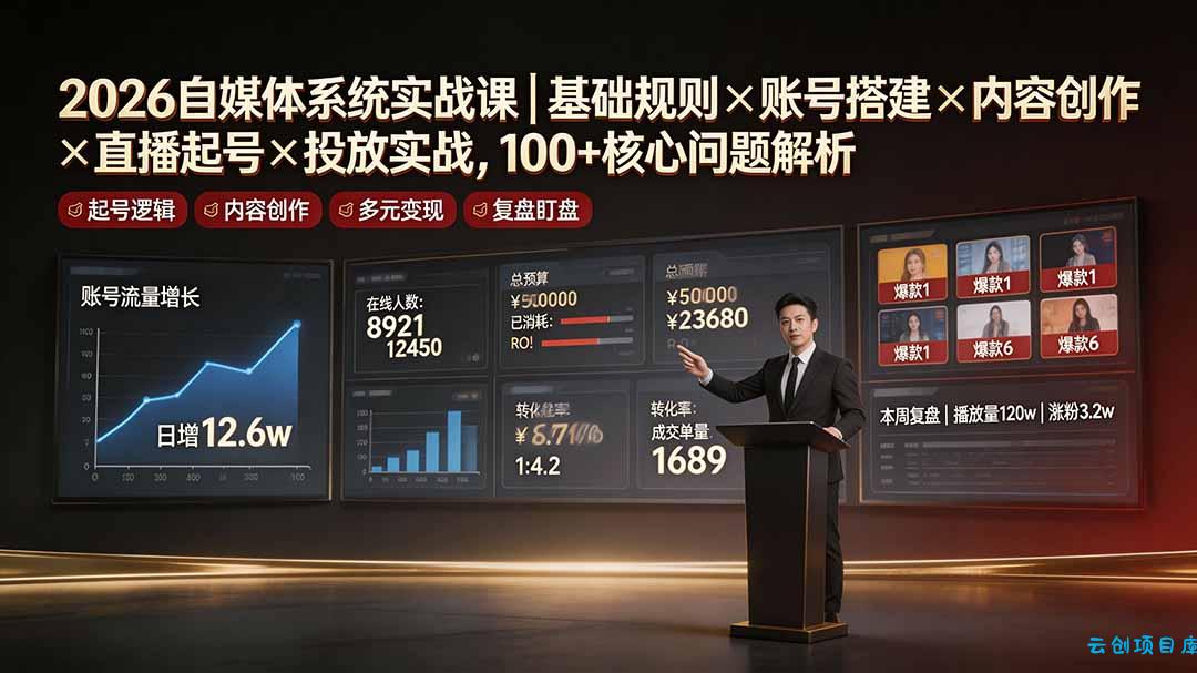 2026自媒体系统实战课|基础规则×账号搭建×内容创作×直播起号×投放实战,100+核心问题解析-云创项目库