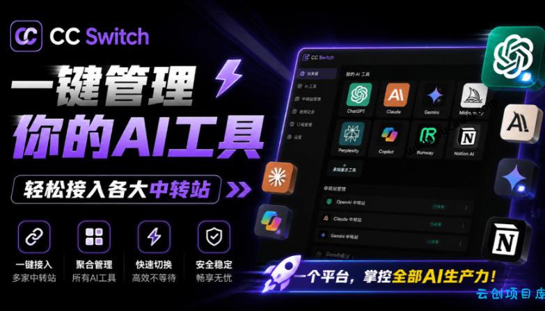 一键给Chatgpt、Codex、Claude接入地第三方中转站，CC Switch统一管理你的AI编程工具工作流-云创项目库