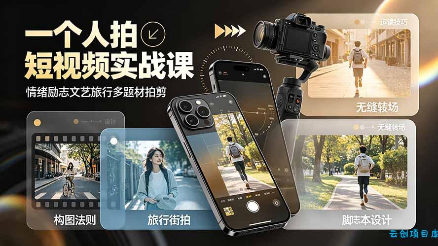 一个人拍短视频实战课:情绪励志文艺旅行多题材×五大景别×黄金构图×八大运镜,从拍摄到成片高效创作-云创项目库