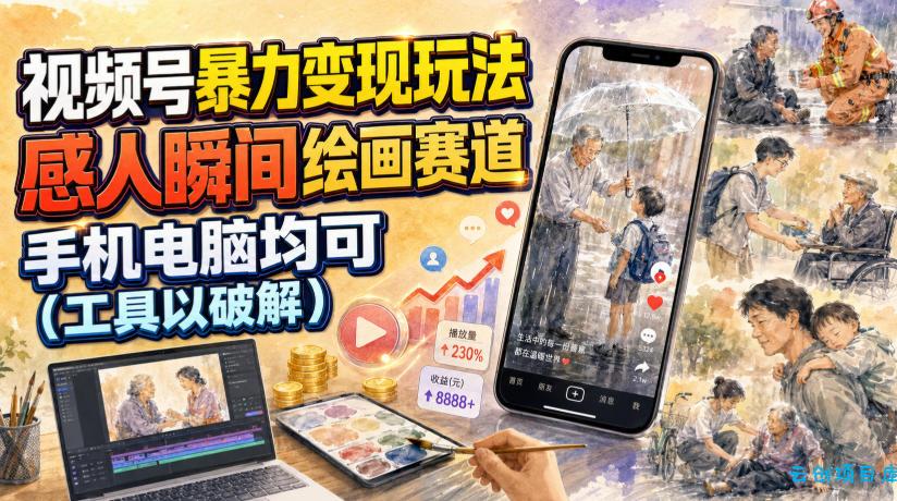 视频号暴力变现玩法，感人瞬间绘画赛道，手机电脑均可-云创项目库