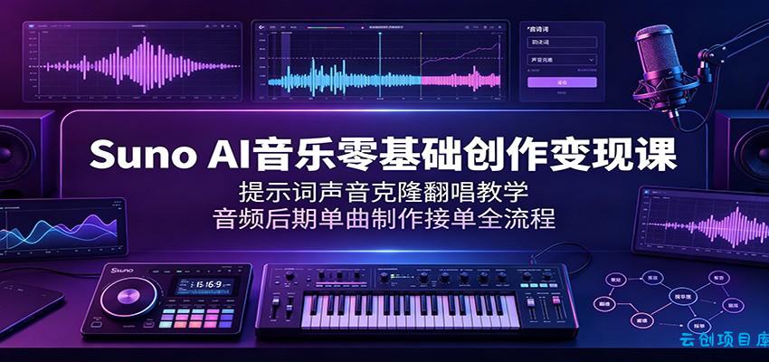 Suno AI音乐零基础创作变现课：提示词声音克隆翻唱教学，音频后期单曲制作接单全流程-云创项目库