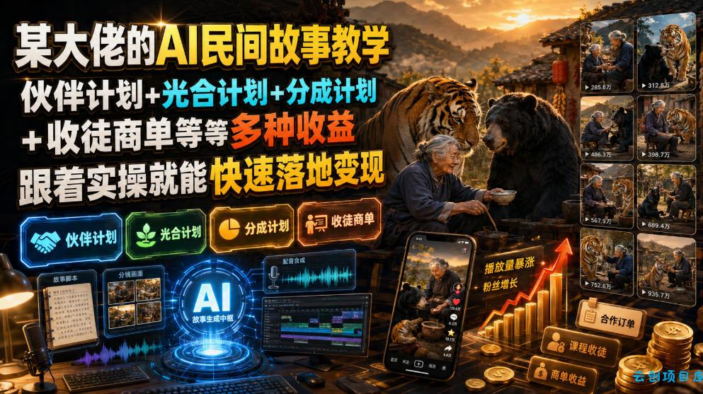某大佬的AI民间故事教学，伙伴计划+光合计划+分成计划+收徒商单等多种收益，跟着实操就能快速落地变现-云创项目库