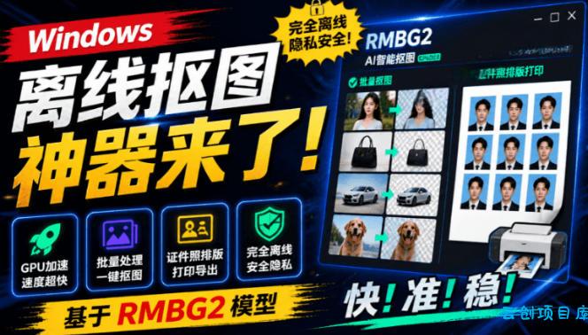Windows离线抠图神器来了！支持批量抠图+证件照排版打印，基于RMBG2模型，GPU加速方块AI抠图-云创项目库