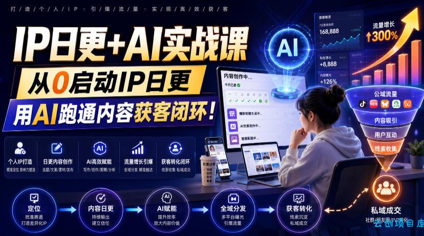IP日更+AI实战课，从0启动IP日更，IP置顶视频制作+100条选题库搭建+10条日更规划，用AI跑通内容获客闭环!-云创项目库