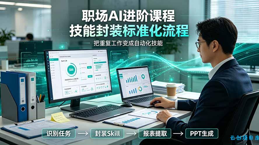 职场AI进阶课程；多类实用Skill工具实操，专属技能封装标准化流程，报表行业报告一键提取核心内容-云创项目库