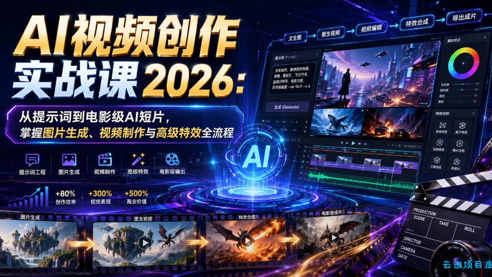 AI视频创作实战课2026:从提示词到电影级AI短片,掌握图片生成、视频制作与高级特效全流程