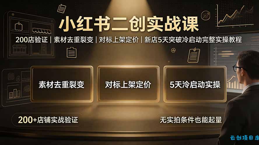 小红书二创实战课：200店验证｜素材去重裂变｜对标上架定价｜新店5天突破冷启动完整实操教程-云创项目库