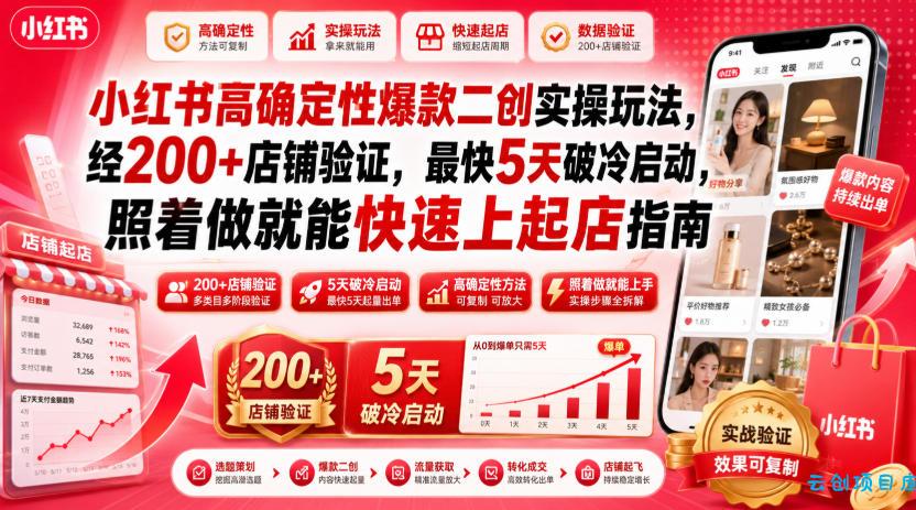 小红书高确定性爆款二创实操玩法，经200+店铺验证，最快5天破冷启动，照着做就能快速上起店指南-云创项目库
