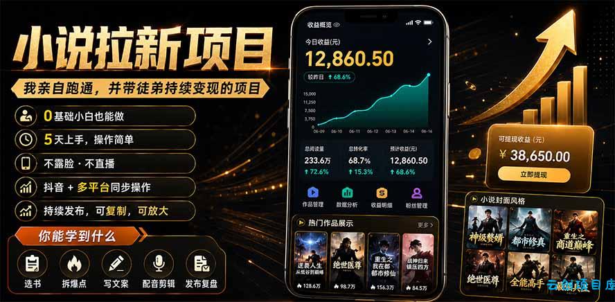 抖音及多平台小说拉新项目：我亲自跑通并持续带徒弟实操｜0基础小白5天上手快速变现-云创项目库