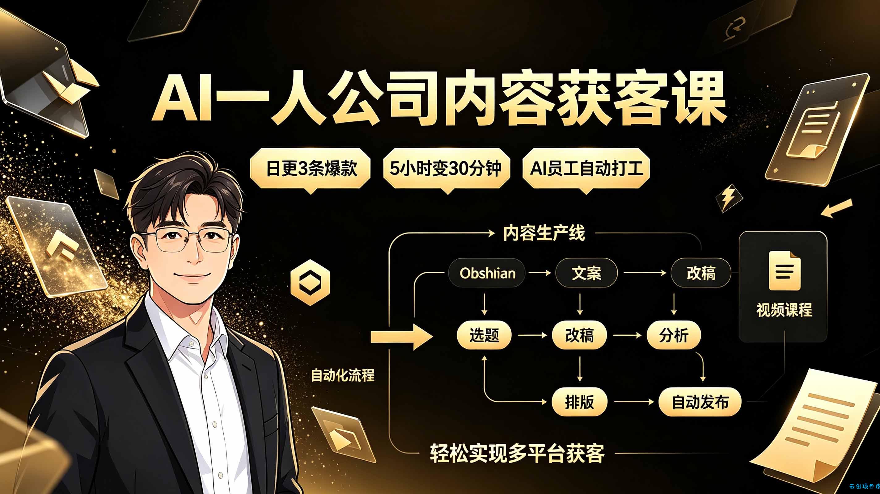 AI一人公司内容获客课：日更3条爆款×5小时变30分钟×AI员工自动打工，轻松实现多平台获客-云创项目库