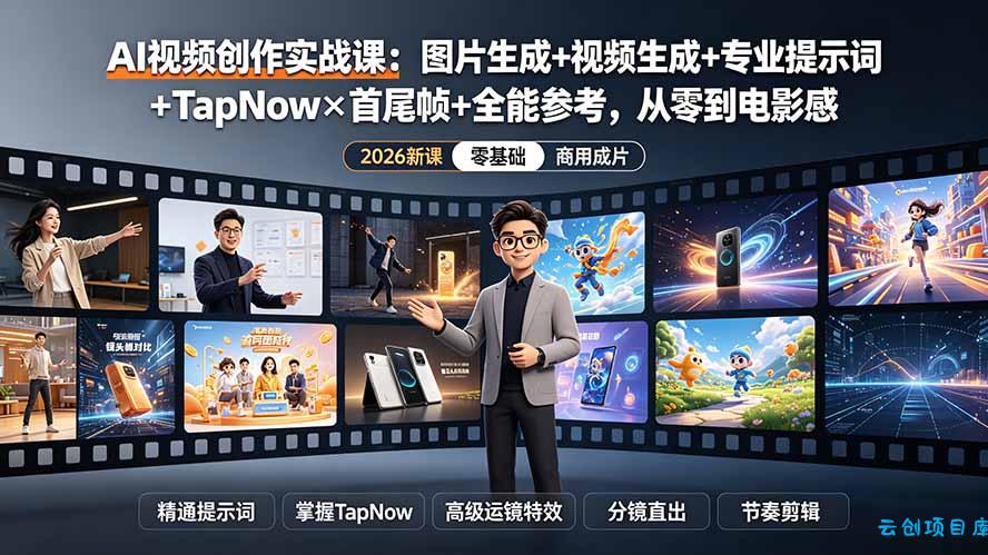 AI视频创作实战课：图片生成+视频生成+专业提示词+TapNow×首尾帧+全能参考，从零到电影感成片-云创项目库