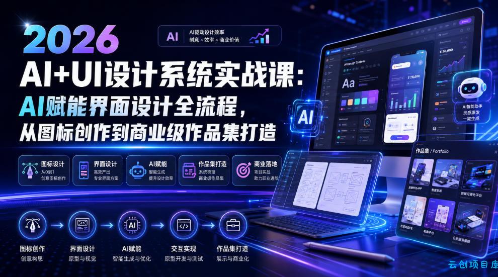 2026 AI+UI设计系统实战课:AI赋能界面设计全流程,从图标创作到商业级作品集打造