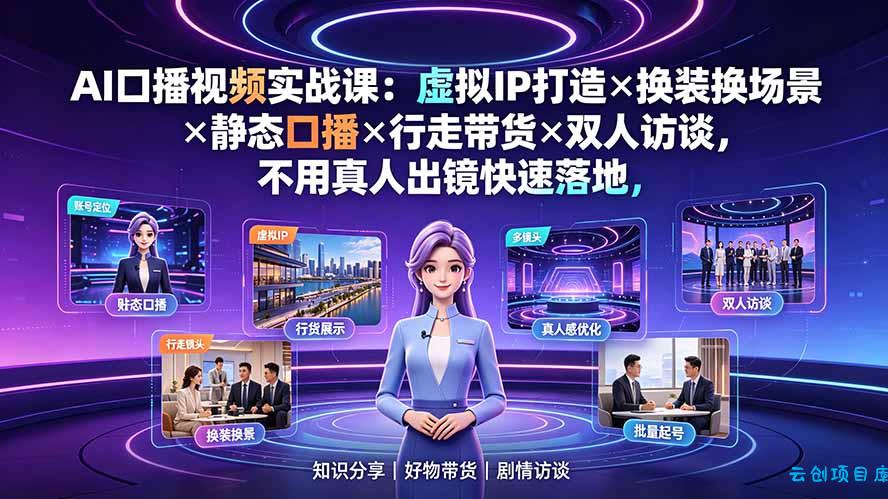 AI口播视频实战课：虚拟IP打造×换装换场景×静态口播×行走带货×双人访谈，不用真人出镜快速落地-云创项目库