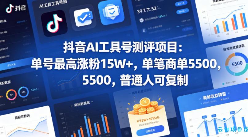 抖音AI工具号测评项目(1-2期)，单号最高涨粉15W+，单笔商单5.5k，也可进伙伴计划，普通人可复制(更新7月)-云创项目库