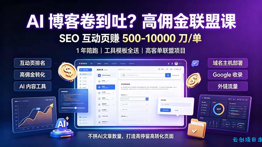 AI 博客卷到吐？高佣金联盟课：SEO 互动页赚 500-10000 刀 单，1 年陪跑 + 工具模板全送-云创项目库