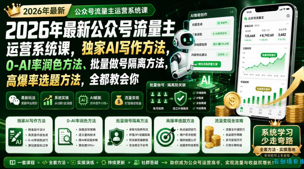2026年最新公众号流量主运营系统课，独家AI写作方法，0-AI率润色方法、批量做号隔离方法、高爆率选题方法，全都教会你-云创项目库
