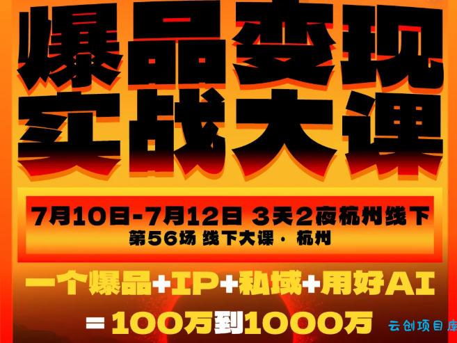 爆品变现实战大课，从爆品，到流量，到成交，一个爆品+IP+私域+用好AI=100W到1000W(7月10-12日)-云创项目库