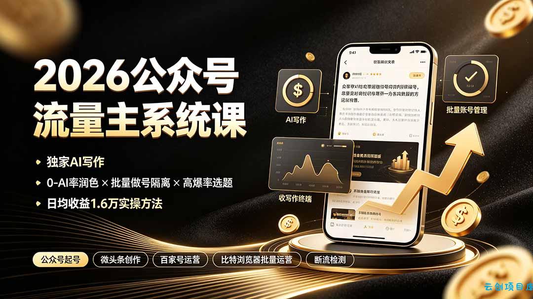 2026公众号流量主系统课：独家AI写作×0-AI率润色×批量做号隔离×高爆率选题，日均收益1.6万实操方法-云创项目库