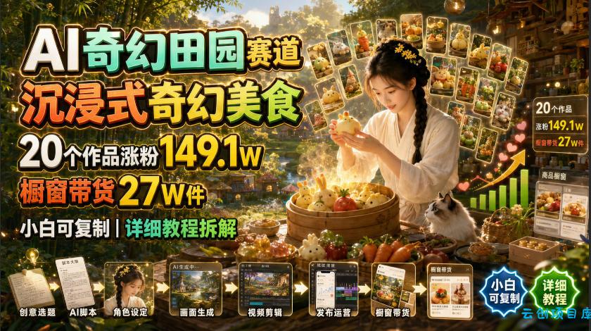 AI奇幻田园赛道，沉浸式奇幻美食，20个作品涨粉149.1W，橱窗带货27W件，小白可复制，详细教程拆解-云创项目库