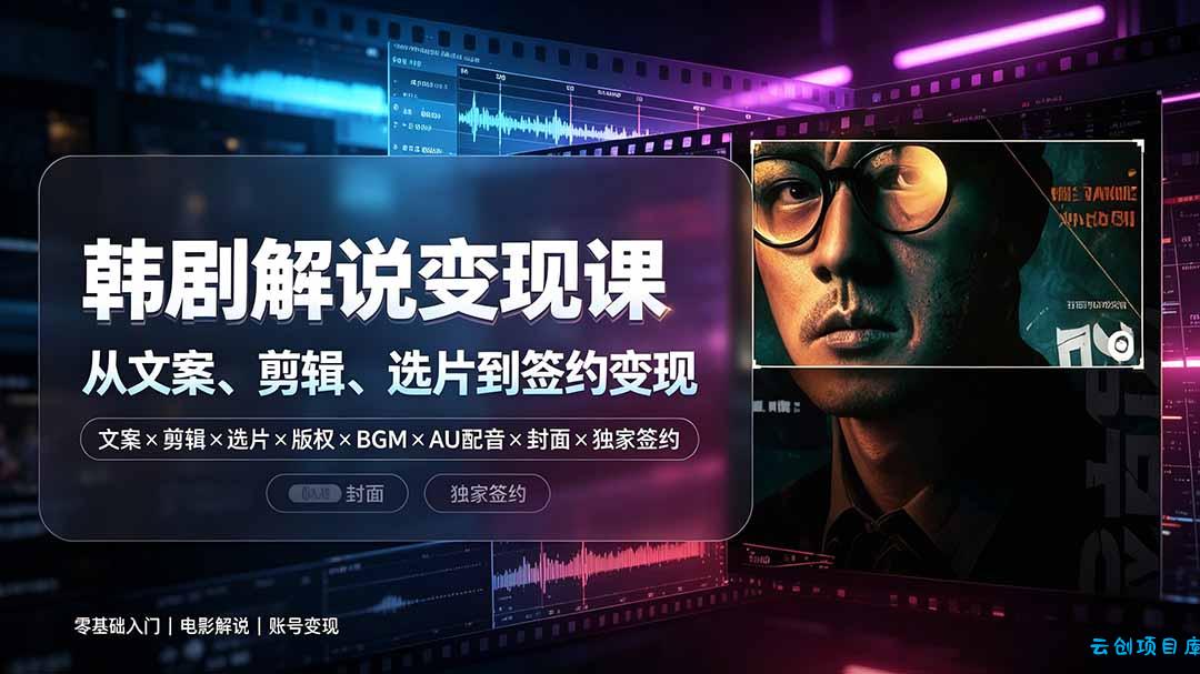 抖音270W粉丝博主亲授韩剧解说课：文案×剪辑×选片×版权×BGM×AU配音×封面×独家签约，零基础到变现-云创项目库