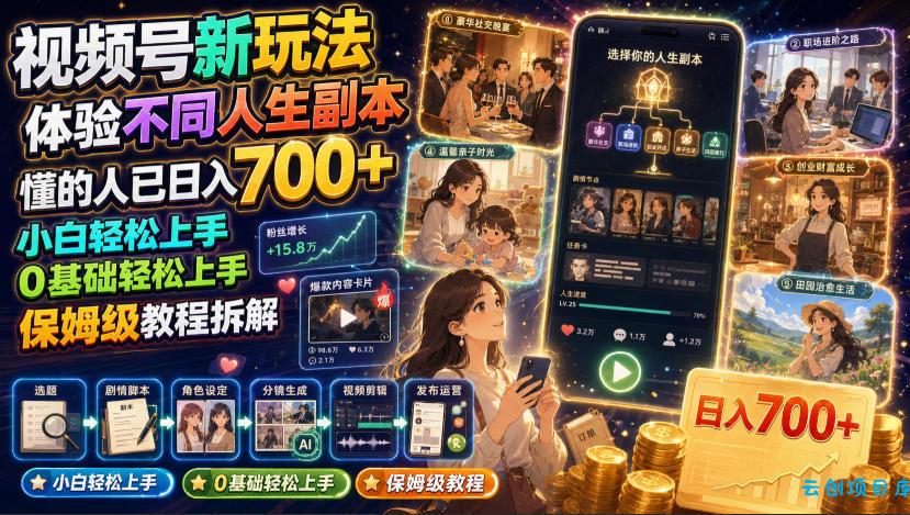 视频号新玩法体验不同人生副本，懂的人已日入700+，小白轻松上手，0基础轻松上手，保姆级教程拆解-云创项目库