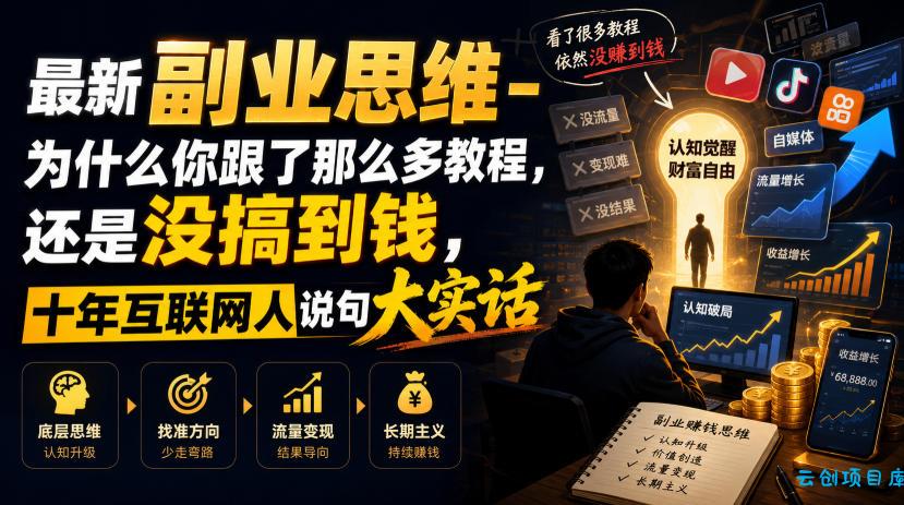 最新副业思维-为什么你跟了那么多教程，还是没搞到钱，十年互联网人说句大实话【揭秘】-云创项目库
