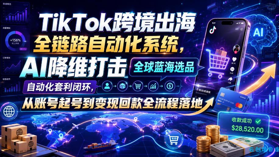 TikTok跨境出海全链路自动化系统，AI降维打击全球蓝海选品自动化套利闭环，从账号起号到变现回款全流程落地(2026年7月)-云创项目库