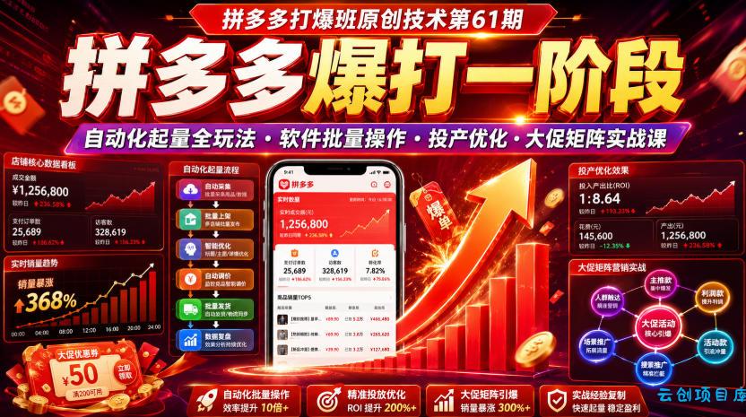 拼多多打爆班原创技术第61期，拼多多爆打一阶段，自动化起量全玩法・软件批量操作・投产优化・大促矩阵实战课-云创项目库