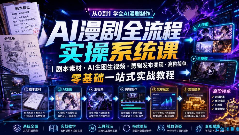 AI漫剧全流程实操系统课｜剧本素材・AI生图生视频・剪辑发布变现・高阶接单，零基础一站式实战教程-云创项目库