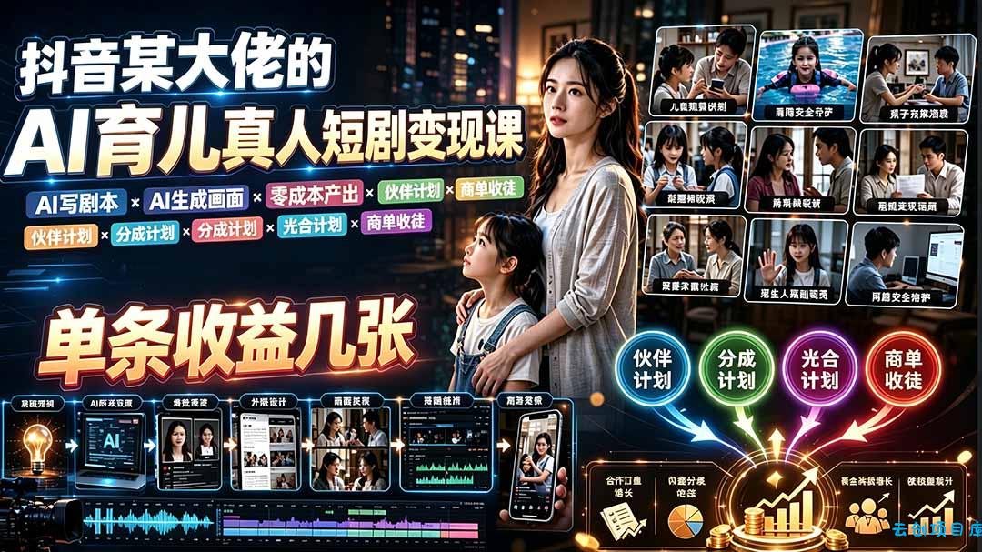 AI育儿真人短剧变现课：AI写剧本×AI生成画面×零成本产出×伙伴计划×分成计划×光合计划×商单收徒-云创项目库