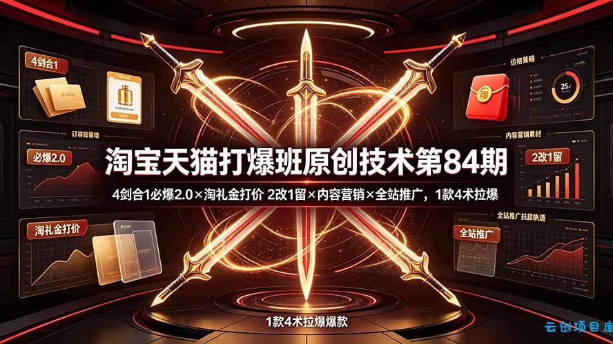 淘宝天猫打爆班原创技术第84期：4剑合1必爆2.0×淘礼金打价×2改1留×内容营销×全站推广，1款4术拉爆-云创项目库