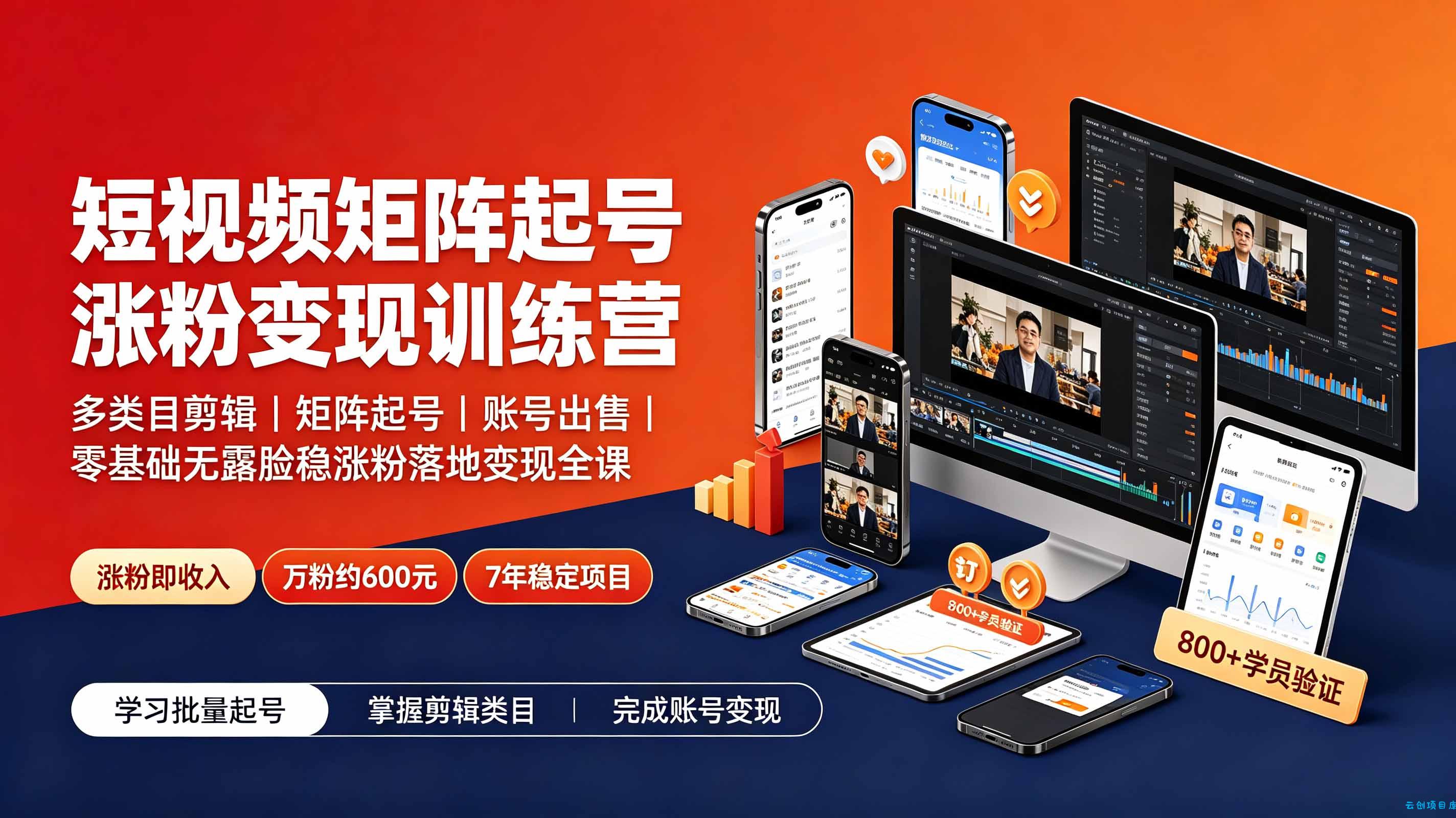 短视频矩阵起号涨粉变现训练营｜多类目剪辑·矩阵起号·账号出售，0基础无露脸稳涨粉落地变现全课-更新-云创项目库