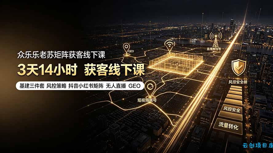 众乐乐老苏矩阵获客线下课：3天14小时×基建三件套×风控策略×抖音小红书矩阵×无人直播×GEO-云创项目库