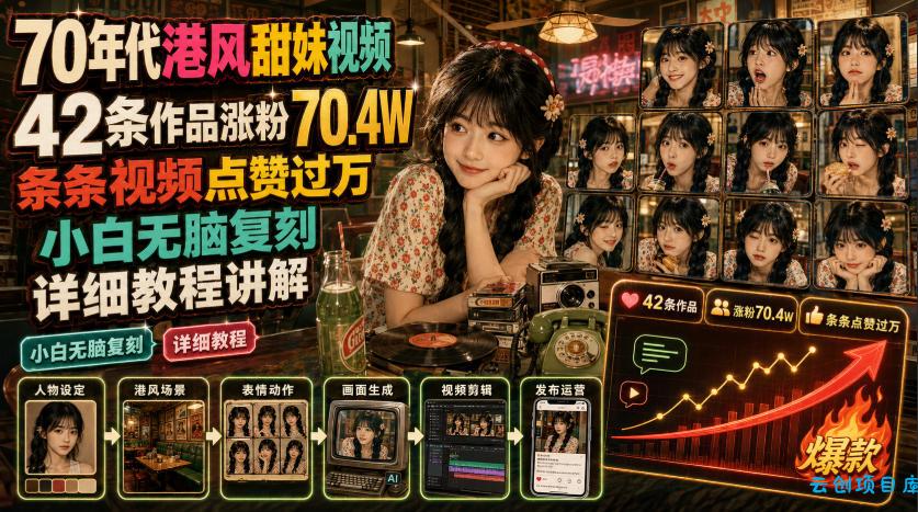 70年代港风甜妹视频,42条作品涨粉70.4W,条条视频点赞过万,小白无脑复刻,详细教程讲解