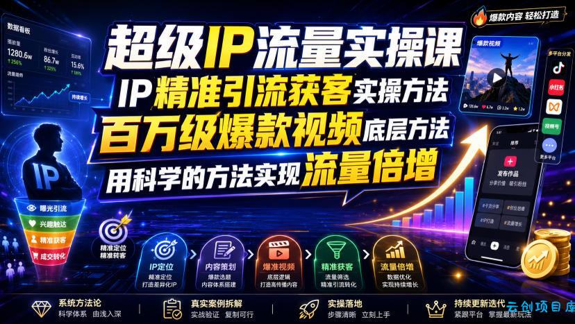 超级IP流量实操课，IP精准引流获客实操方法，百万级爆款视频底层方法，用科学的方法实现流量倍增-云创项目库