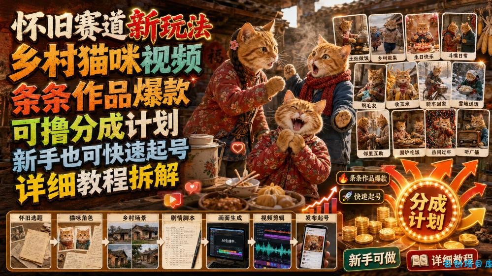 怀旧赛道新玩法，乡村猫咪视频，条条作品爆款，可撸分成计划，新手也可快速起号，详细教程拆解-云创项目库