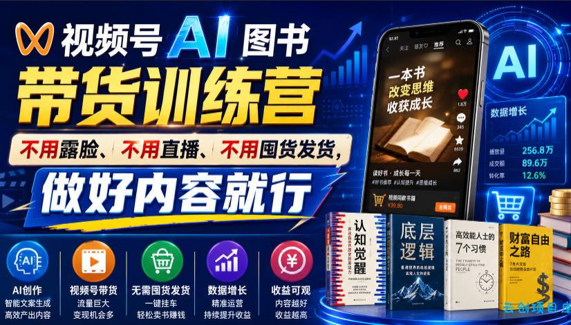 视频号AI图书带货训练营，不用露脸、不用直播、不用囤货发货，做好内容就行，一条爆款视频佣金8942-云创项目库