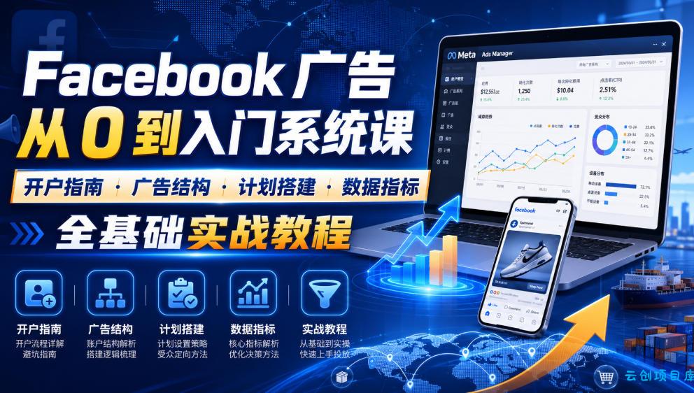 Facebook广告新手从0到入门系统课｜开户指南・广告结构・计划搭建・数据指标全基础实战教程-云创项目库