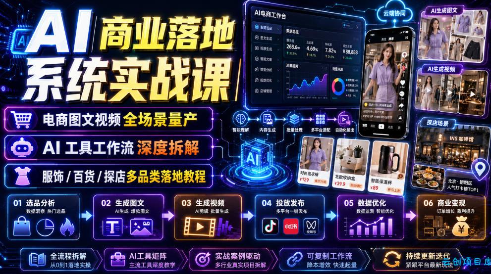 AI商业落地系统实战课｜电商图文视频全场景量产・AI工具工作流深度拆解・服饰/百货/探店多品类落地教程-云创项目库