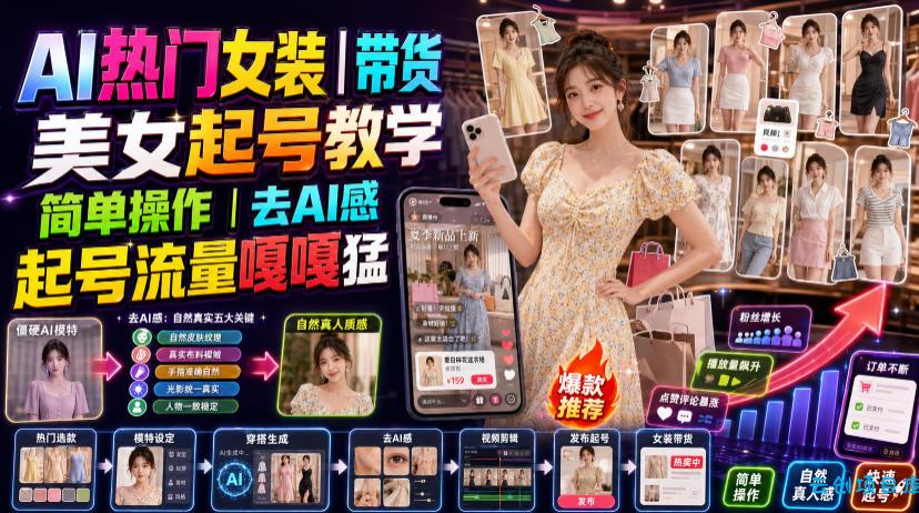 AI热门女装带货丨美女起号教学，简单操作，去AI感，起号流量嘎嘎猛-云创项目库
