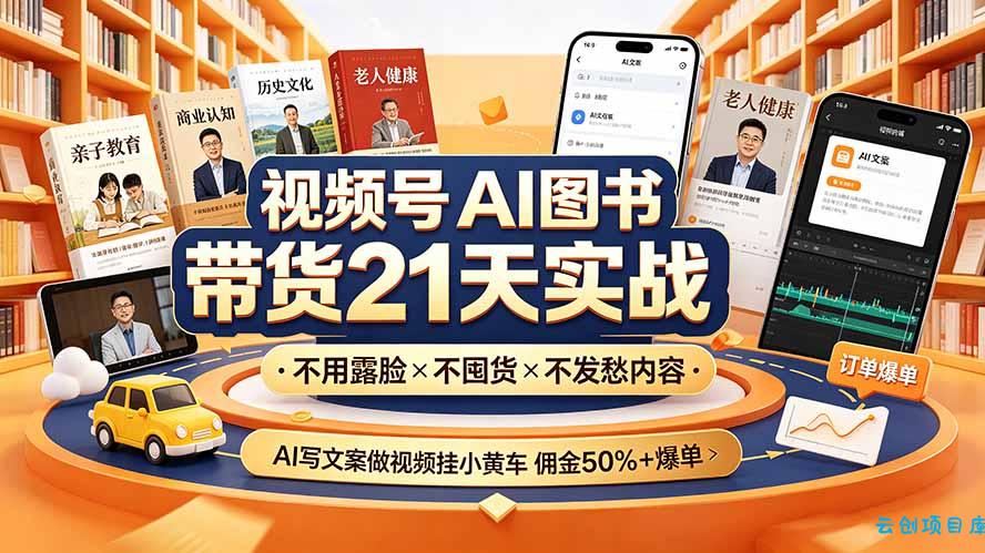 视频号AI图书带货21天实战：不用露脸×不囤货×不发愁内容，AI写文案做视频挂小黄车，佣金50%+爆单-云创项目库