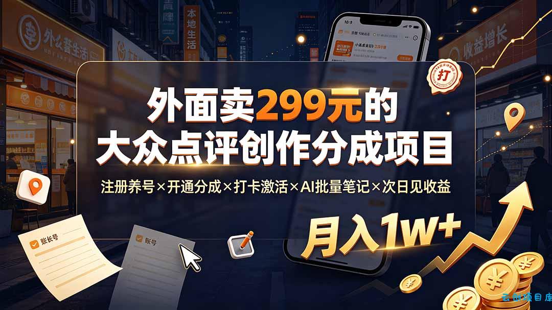 外面卖299元的大众点评创作分成项目：注册养号×开通分成×打卡激活×AI批量笔记×次日见收益，月入1w+-云创项目库