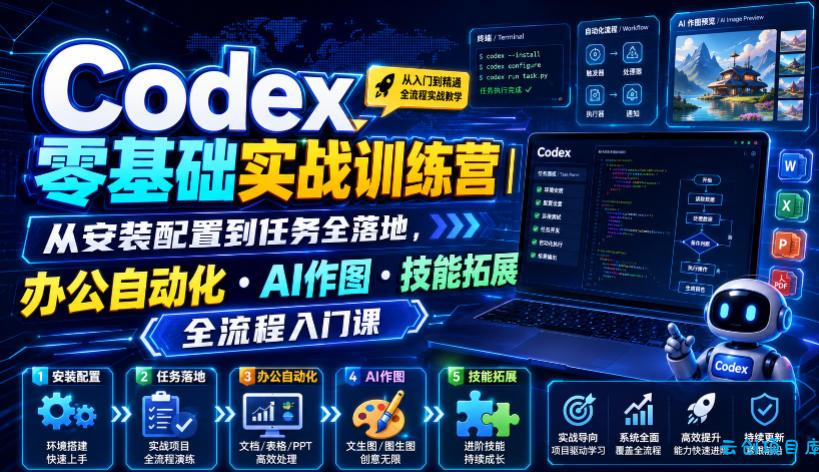 Codex零基础实战训练营｜从安装配置到任务全落地，办公自动化・AI作图・技能拓展全流程入门课-云创项目库