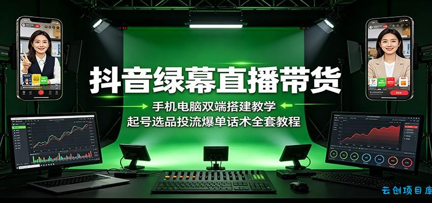 抖音绿幕直播带货:手机电脑双端搭建教学,起号选品投流爆单话术全套教程-云创项目库