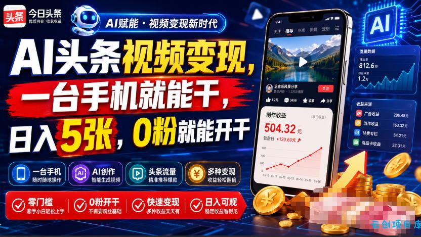 AI头条视频变现，一台手机就能干，日入5张，0粉就能开干-云创项目库