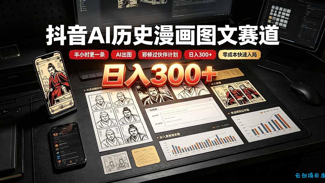 抖音AI历史漫画图文赛道：半小时更一条×AI出图×邪修过伙伴计划×日入300+，零成本快速入局-云创项目库