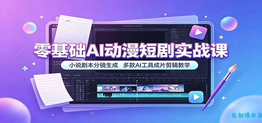 零基础AI动漫短剧实战课：小说剧本分镜生成，多款AI工具成片剪辑教学-云创项目库