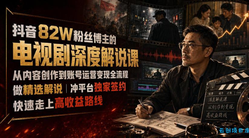抖音82W粉丝博主的电视剧深度解说课，从内容创作到账号运营变现全流程，做精选解说，冲平台独家签约，快速走上高收益路线-云创项目库